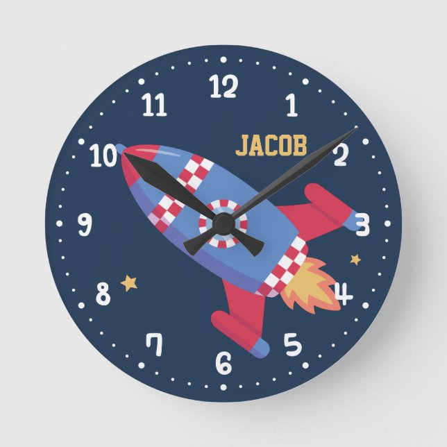 Rocket Ship Chequered, Outer Space, Kids Room Round Clock (Front)