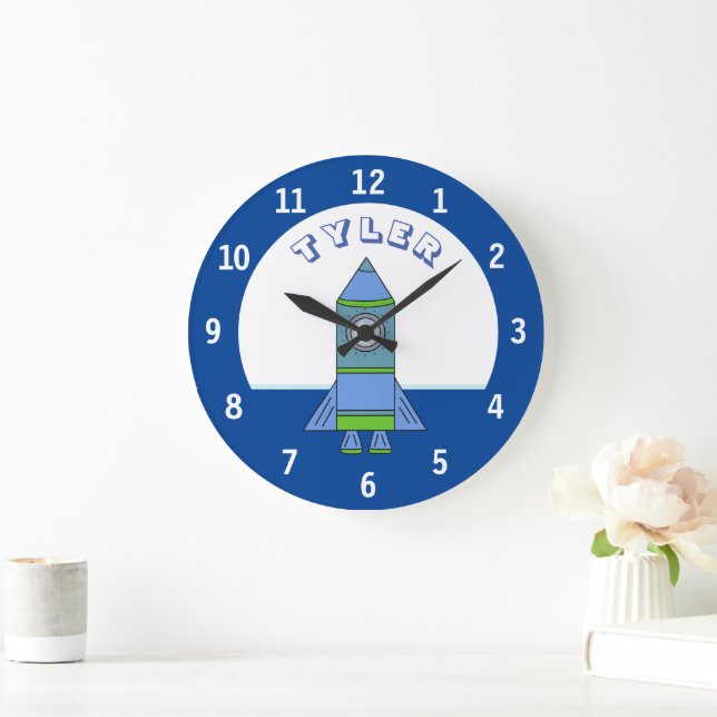 Rocket Ship Drawing Space Kid's Name Large Clock (Home)