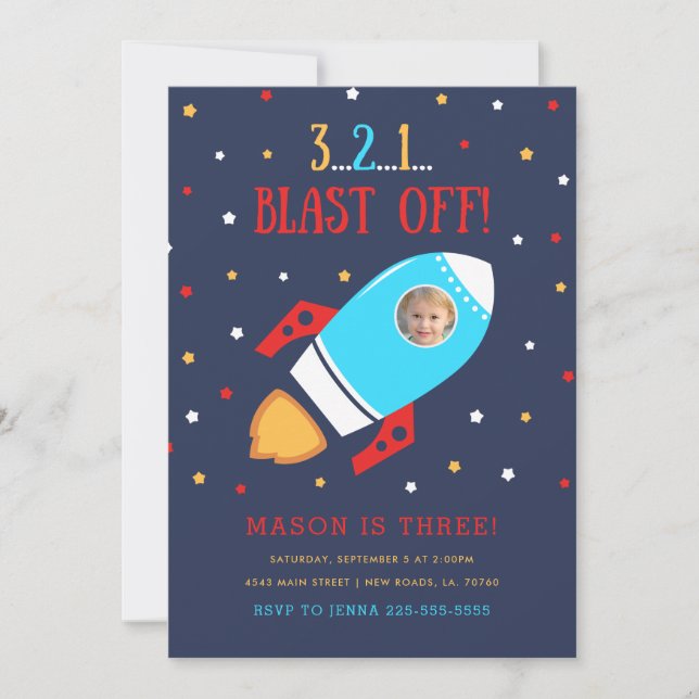 Rocket Ship Exterspace Photo Invitations d'anniver (Devant)