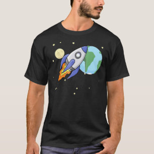 Rocket Ship Flying Across Space Between Earth And T-Shirt