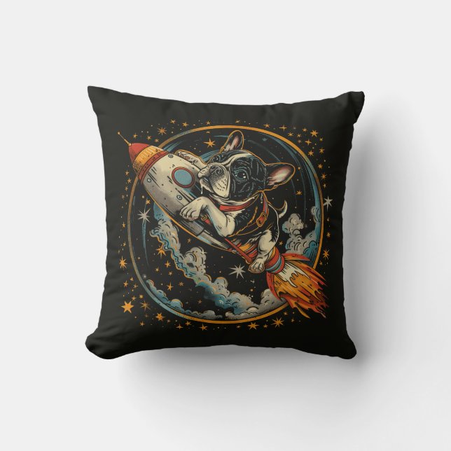 Rocket Ship French Bulldog Astronaut Throw Pillow (Front)