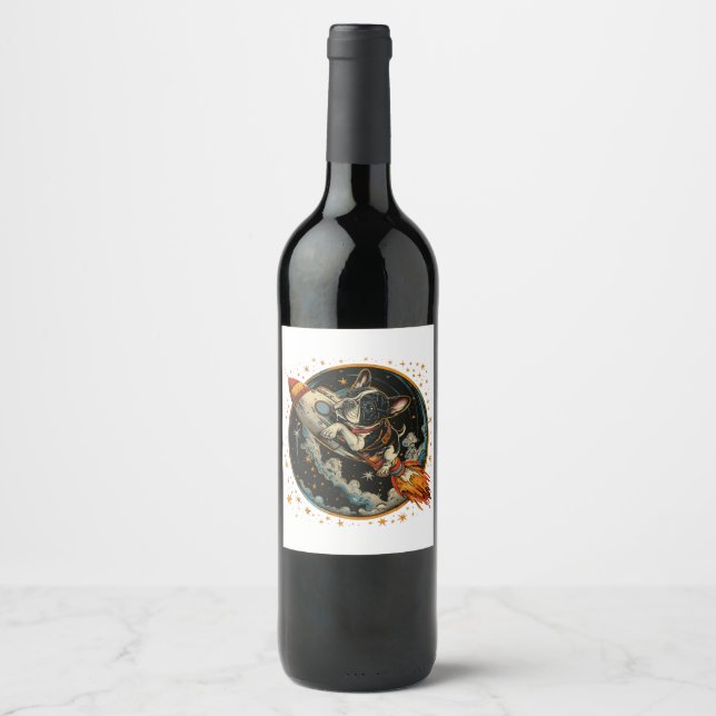 Rocket Ship French Bulldog Astronaut Wine Label (Front)