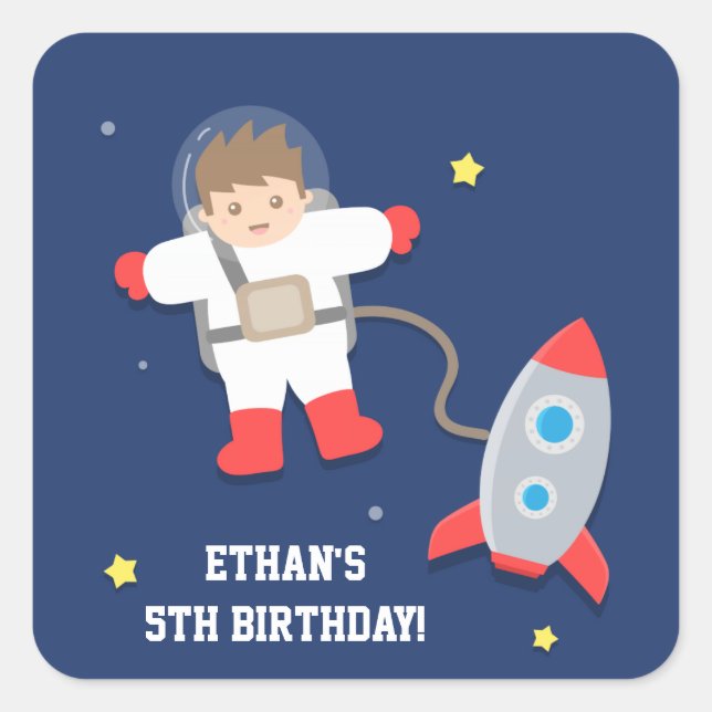 Rocket Ship Outer Space Astronaut Birthday Party Square Sticker (Front)