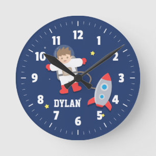 Rocket Ship Outer Space Little Astronaut Boys Room Round Clock