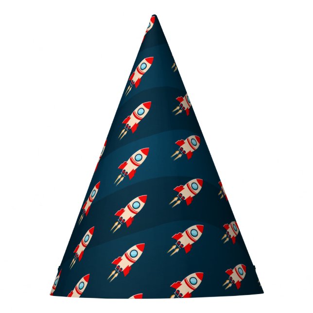 Rocket Ship Patterned Birthday Party Party Hat (Front)