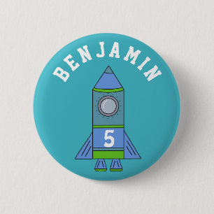 Rocket Ship Personalizable Blue Birthday 2 Inch Round Button