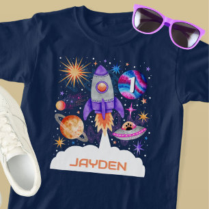 Rocket Ship Planets UFO and Astronaut Space Boys T-Shirt