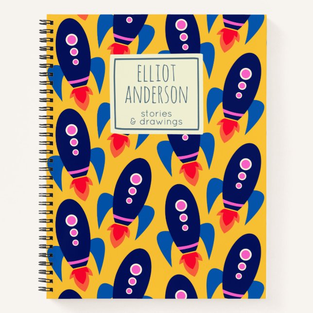 Rocket Ship Space Pattern Personalized Name Story Notebook (Front)