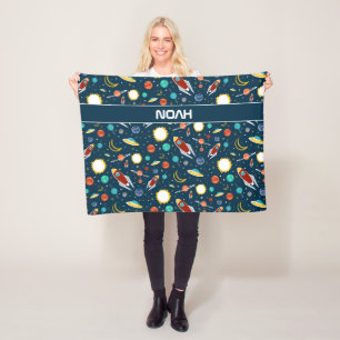 Rocket ship space pattern Space Planets Custom Fleece Blanket