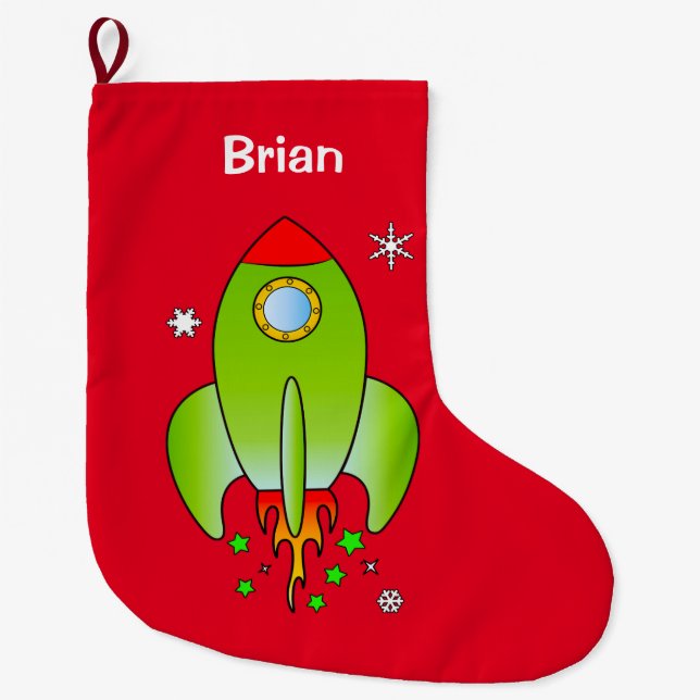 Rocket Ship with Stars and Snowflakes at Christmas Large Christmas Stocking (Front)