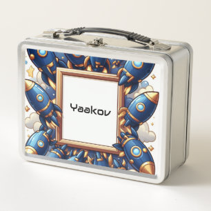 Rocket Ships Gold Navy Blue Personalized Boy Moder Metal Lunch Box
