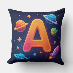 🌌 Rocket Space Letter A Stars Planets Kids 🌌 Throw Pillow