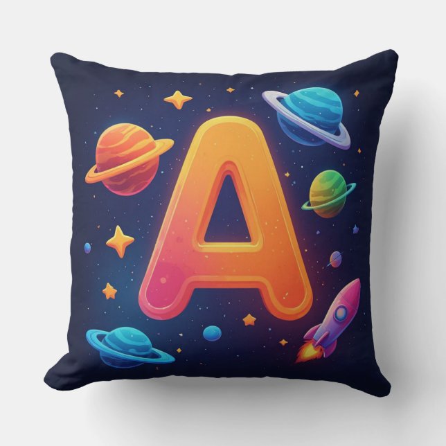 🌌 Rocket Space Letter A Stars Planets Kids 🌌 Throw Pillow (Front)
