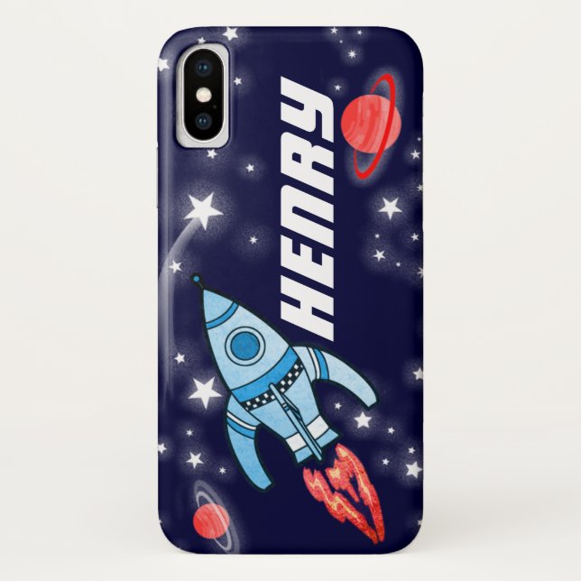 Rocket space navy personalized name iphone case (Back)