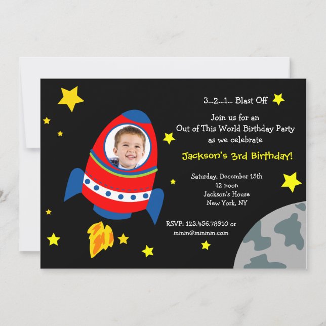 Rocket Space Ship Photo Birthday Party Invitations (Front)