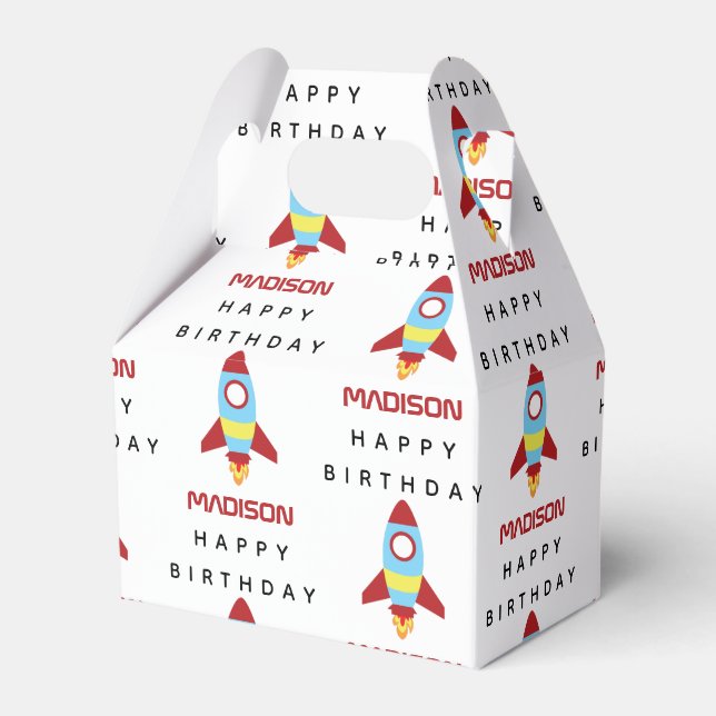 Rocket Spaceship Launching Custom Name Birthday  Favor Box (Front Side)