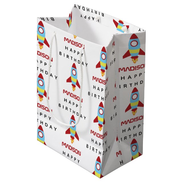 Rocket Spaceship Launching Custom Name Birthday Medium Gift Bag (Front Angled)