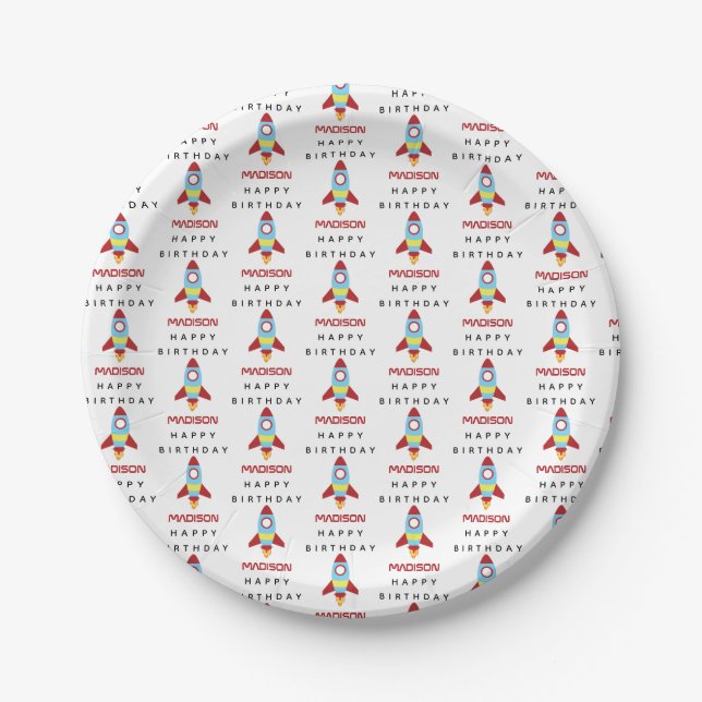 Rocket Spaceship Launching Custom Name Birthday Paper Plate (Front)
