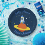 Rocket to the Stars Baby Shower Paper Plate<br><div class="desc">Make your celebration truly out of this world with this Rocket to the Stars Baby Shower Plate. Featuring a playful space‑themed design with a bright rocket, colourful planet, and twinkling stars, this plate adds a fun cosmic touch to your baby shower décor. The bold colours and adorable artwork make it...</div>