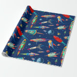 rocket traffic in space wrapping paper<br><div class="desc">Vintage illustration that describes a possible future in which everyone will move with their rockets into space.</div>