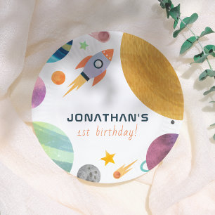 Rocket Trip Around The Sun Space Boy Birthday Paper Plate