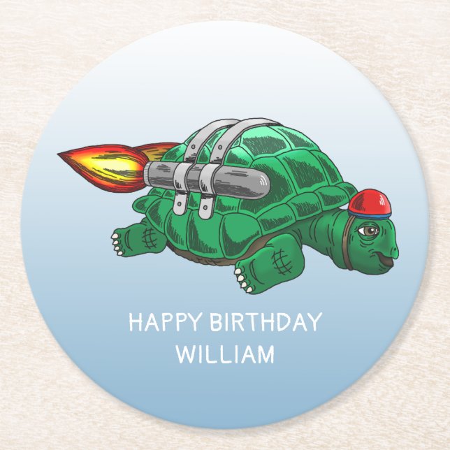 Rocket Turtle Round Paper Coaster (Front)