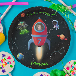 Rocket with Photo   Birthday Alien UFO Astronaut Paper Plate
