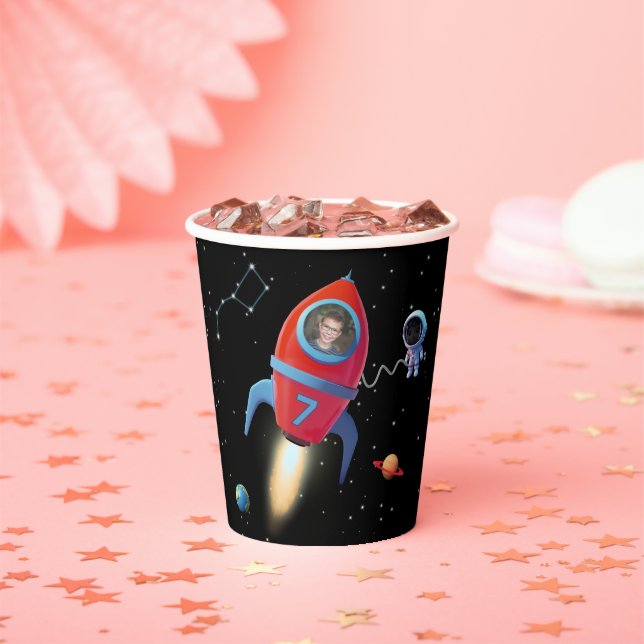 Rocket with Photo | UFO Alien Astronaut Birthday Paper Cups (Insitu)