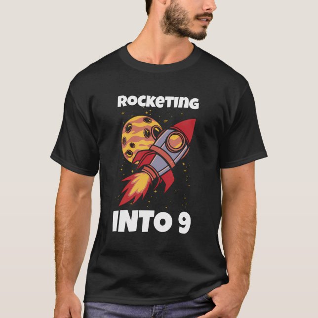 Rocketing Into 9 Moon Astronaut Kid 9Th Birthday T-Shirt (Front)