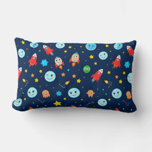 Rockets and Space Elements in a Blue Background Lumbar Pillow