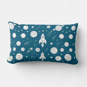 Rockets and Space Elements in a Blue Background Lumbar Pillow