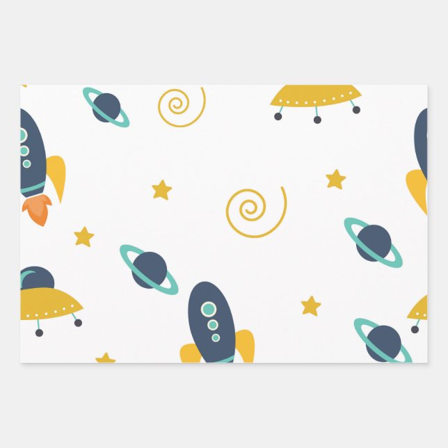 Rockets, Men Women & Kids, Planet Pattern Wrapping Paper Sheet (Front)
