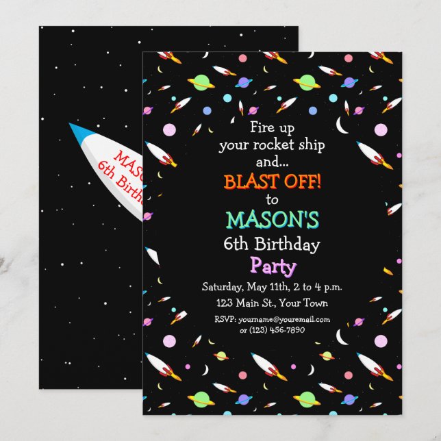 Rockets Planets Moons Stars Outer Space Birthday Invitation (Front/Back)
