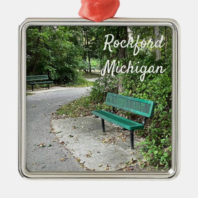 Rockford Michigan White Pine Walking Trail Bench Metal Ornament (Front)