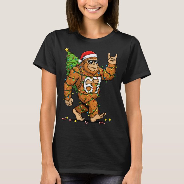 Rockin' Bigfoot Christmas Tree Xmas Lights Funny 6 T-Shirt (Front)