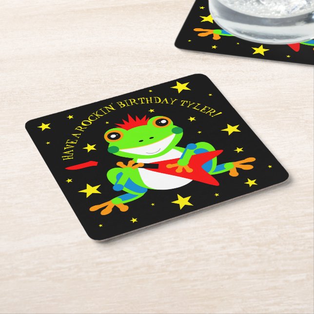 Rockin' Birthday Tree Frog with Red Guitar Square Paper Coaster (Angled)