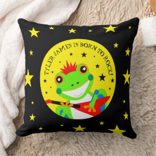 Rockin' Birthday Tree Frog with Red Guitar Throw Pillow