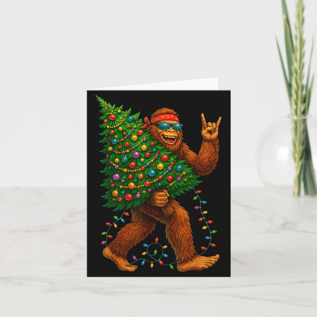 Rockin Christmas Bigfoot Carrying Tree Fun Xmas Ro Card (Front)