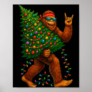 Rockin Christmas Bigfoot Carrying Tree Fun Xmas Ro Poster