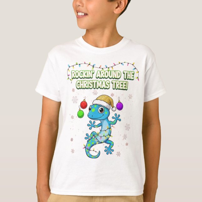 Rockin’ Christmas Gecko – Cute Holiday Lizard Deco T-Shirt (Front)