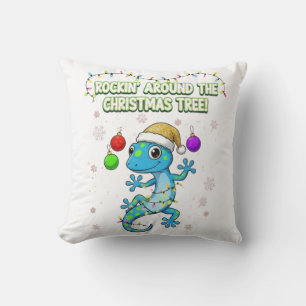 Rockin’ Christmas Gecko – Cute Holiday Lizard Deco Throw Pillow