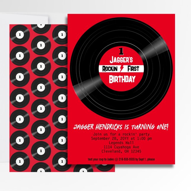 Rockin First Birthday Vinyl Record Red Label Invitation (Vinyl record rock and roll first birthday invitation.)