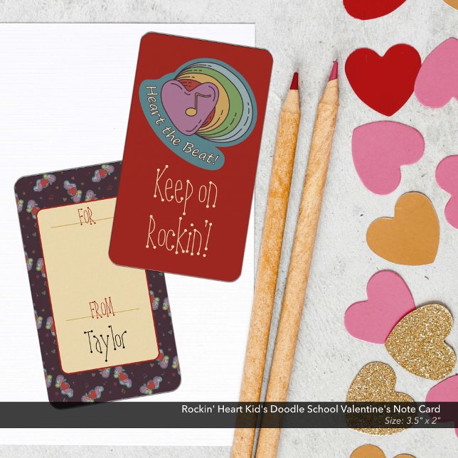 Rockin' Heart Kid's Doodle School Valentine's  Card (Heart the Beat and Keep on Rockin' Rainbow Doodle Art Kid's School/Classroom Valentine's Day Card)