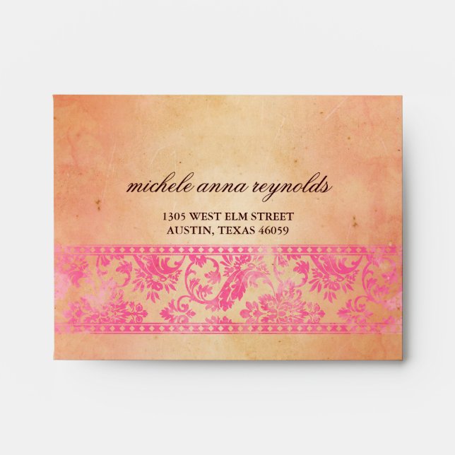 Rockin' Pink Damask Lace Printed RSVP Envelope (Front)