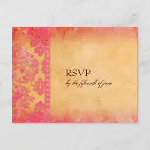 Rockin' Pink Grunge Damask Wedding RSVP Postcard