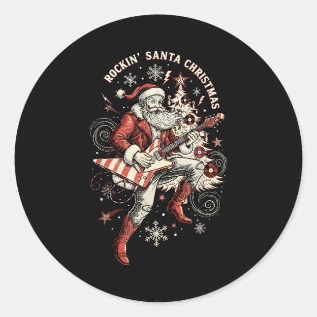 Rockin Santa Playing Guitar Funny Christmas Retro  Classic Round Sticker (Front)