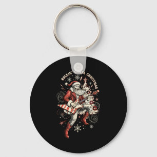 Rockin Santa Playing Guitar Funny Christmas Retro  Keychain