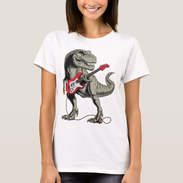 Rockin' T-Rex: Dinosaur Playing Electric Guitar T-Shirt (Front)