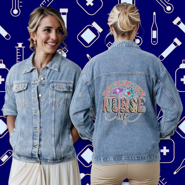Rockin' The Nurse Life Retro Super Denim Jacket (Rockin' The Nurse Life Trendy Vintage Retro Leopard Print Groovy Font Denim Jacket)