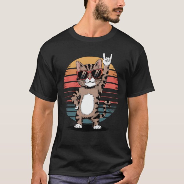 rocking cat With Sunglasses and Retro Sunse T-Shirt (Front)